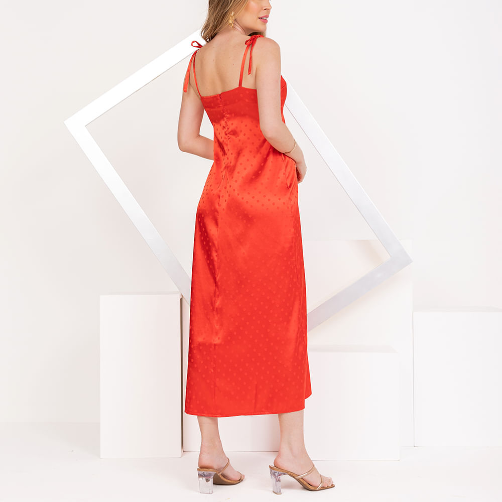 Vestido Cetim Alças Laço Vermelho