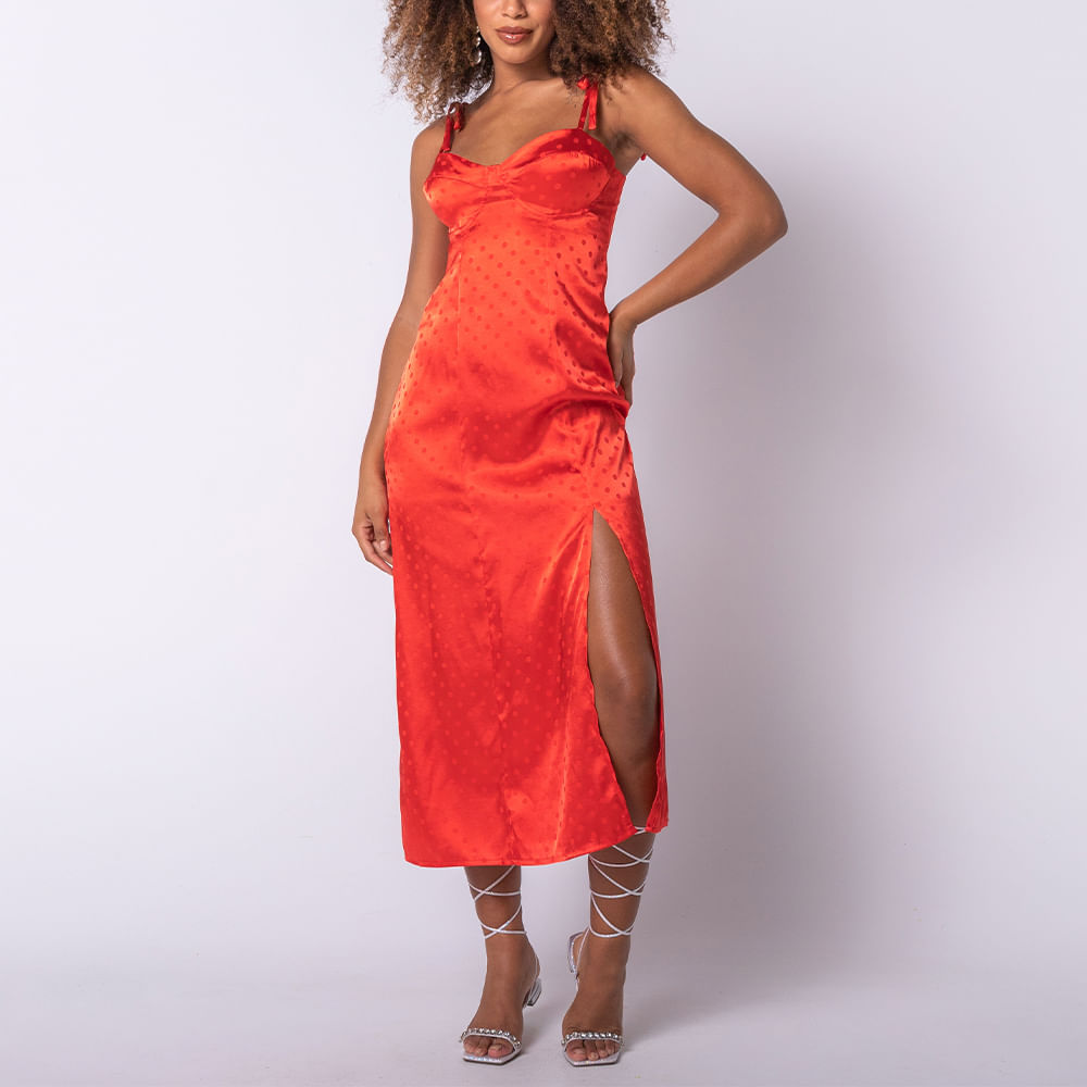 Vestido Cetim Alças Laço Vermelho