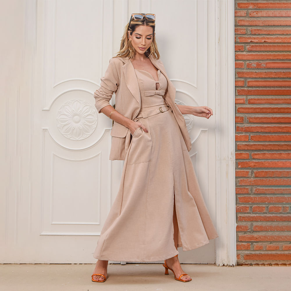 Saia Midi Alongada Linho Nude