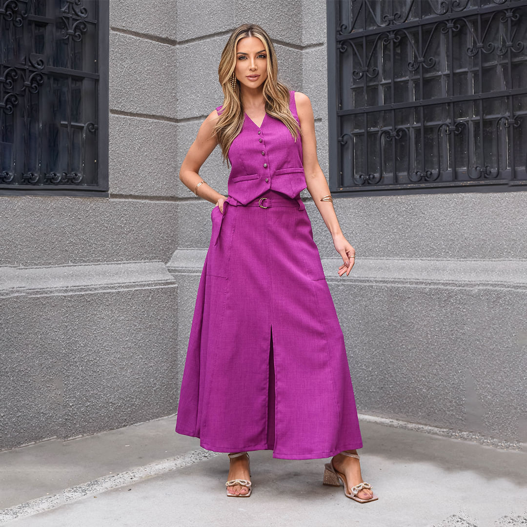 Saia Midi Alongada Linho Magenta