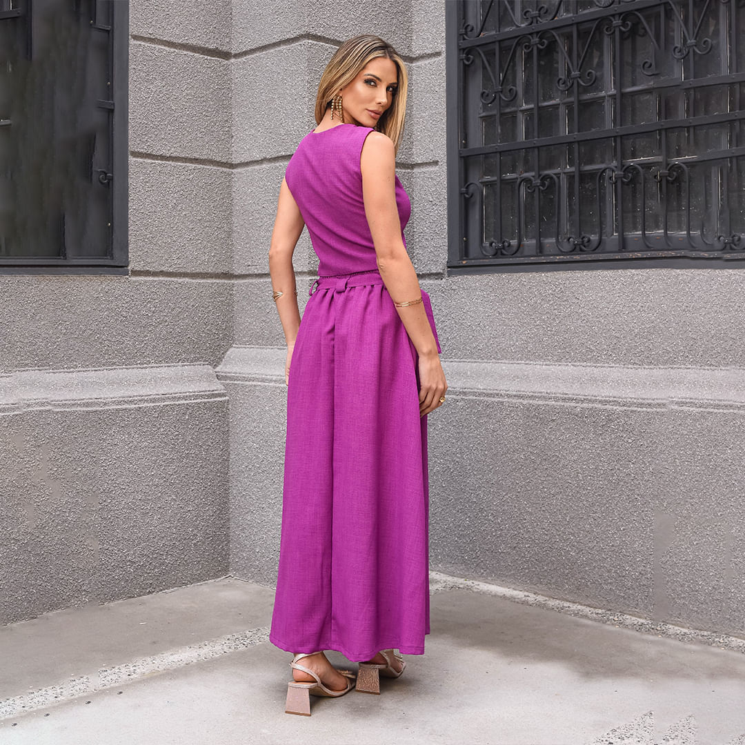 Saia Midi Alongada Linho Magenta