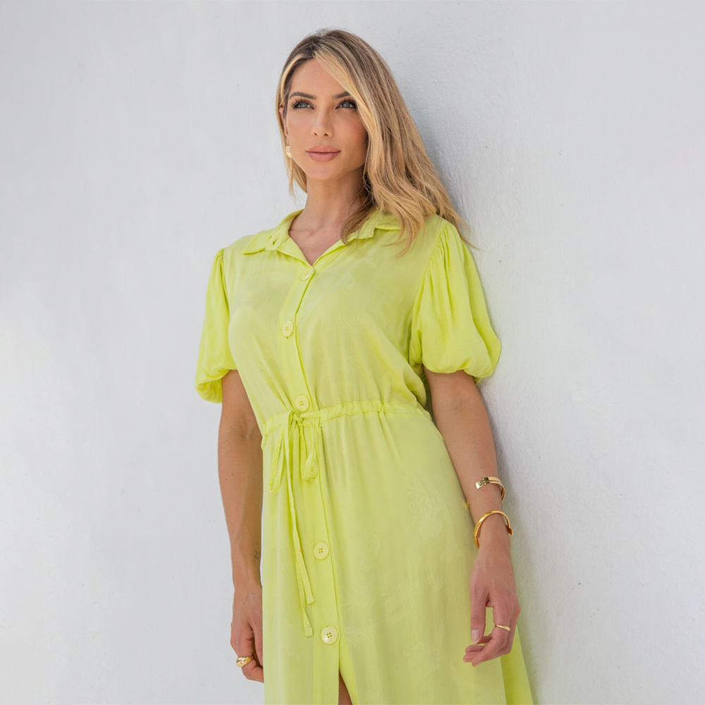 Vestido Longo Manga Bufante Amarelo