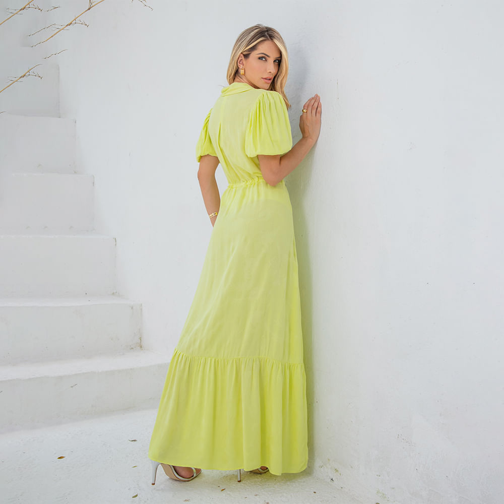 Vestido Longo Manga Bufante Amarelo