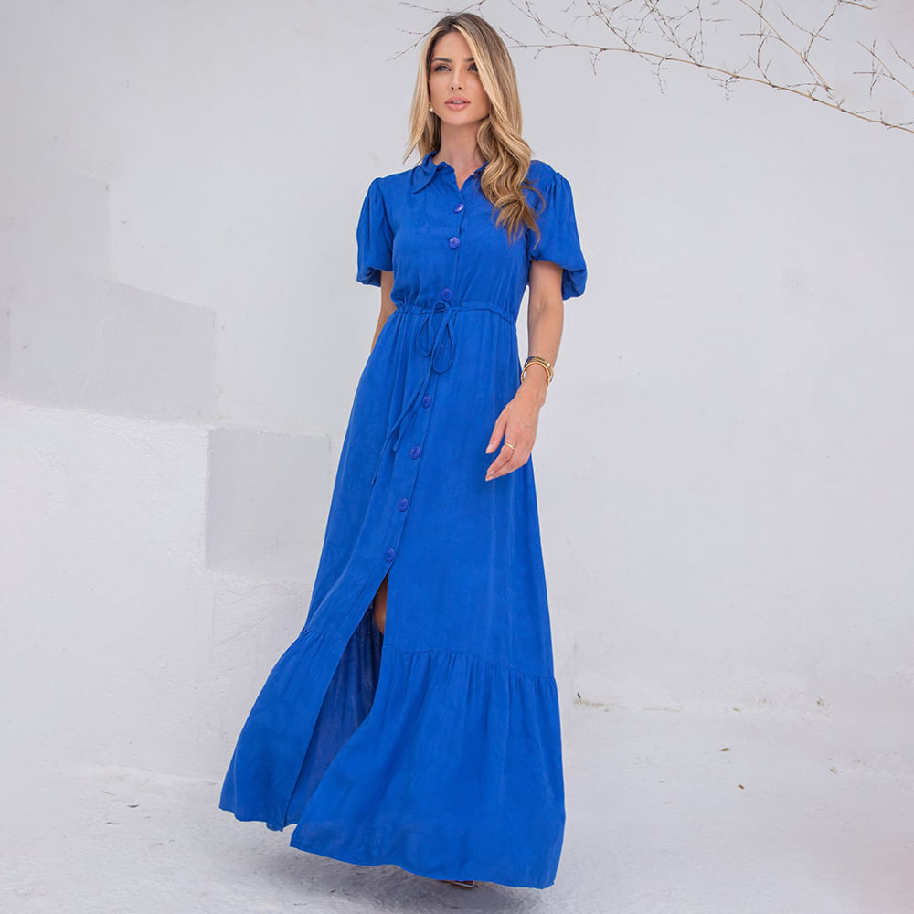 Vestido Longo Manga Bufante Azul