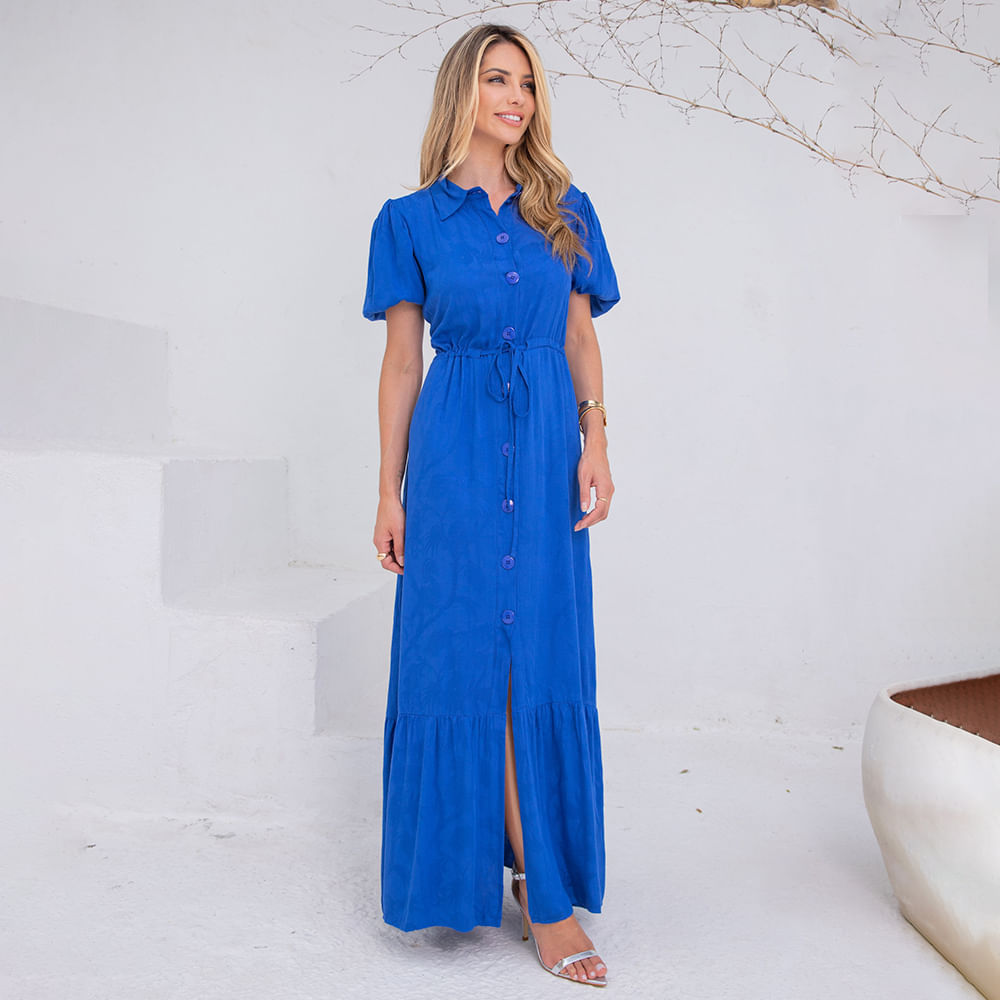 Vestido Longo Manga Bufante Azul