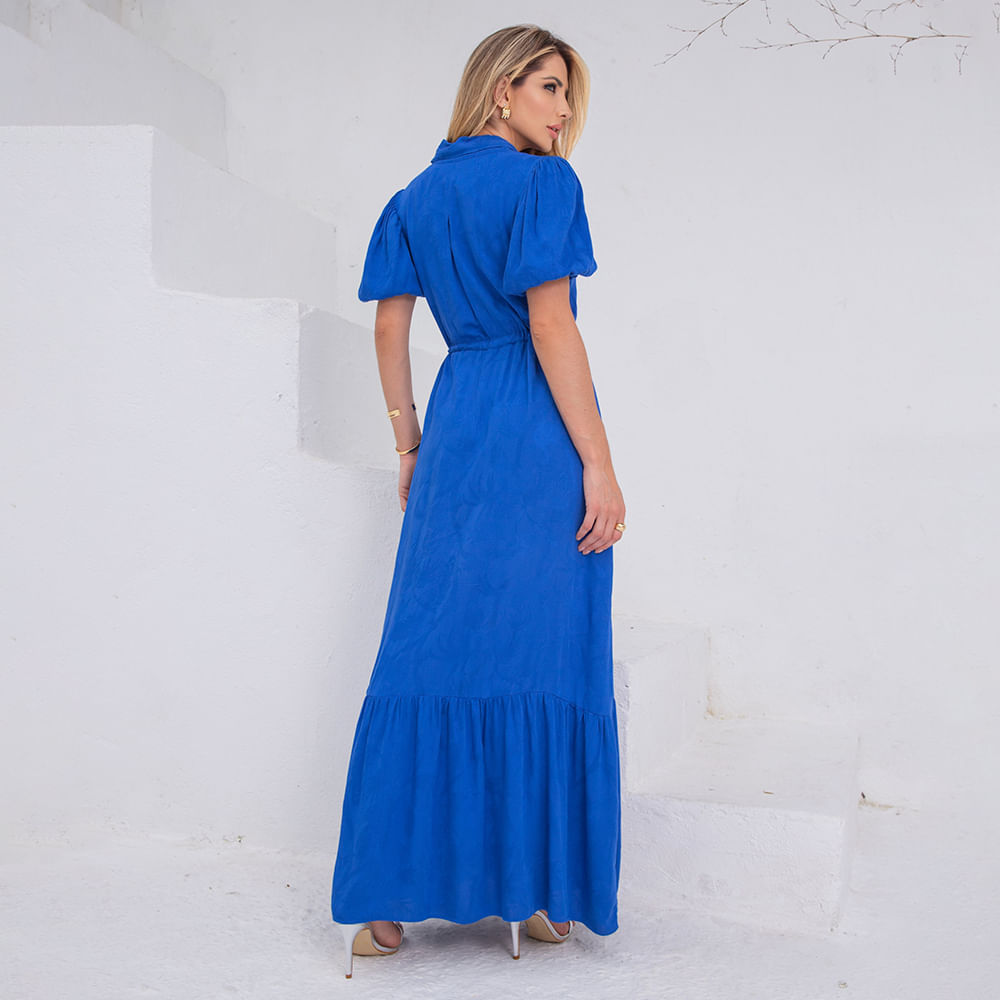 Vestido Longo Manga Bufante Azul