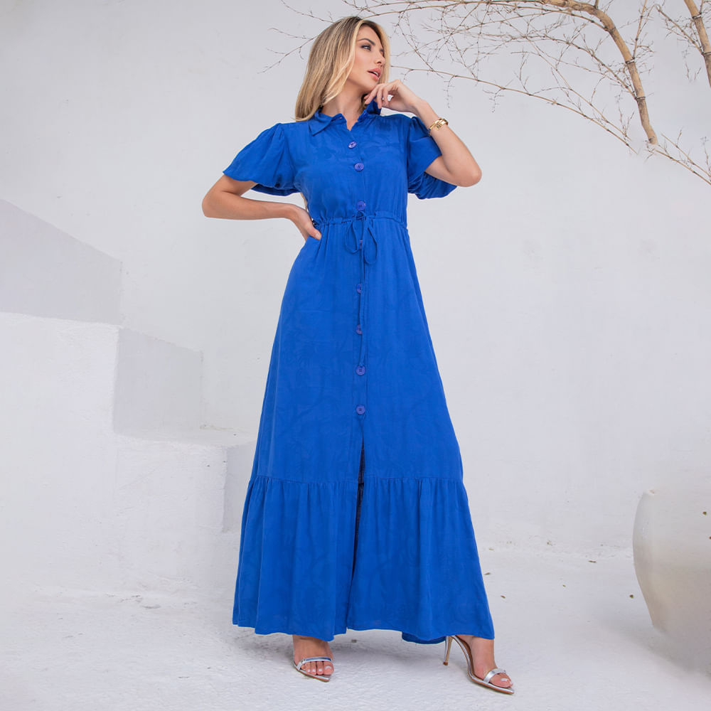 Vestido Longo Manga Bufante Azul