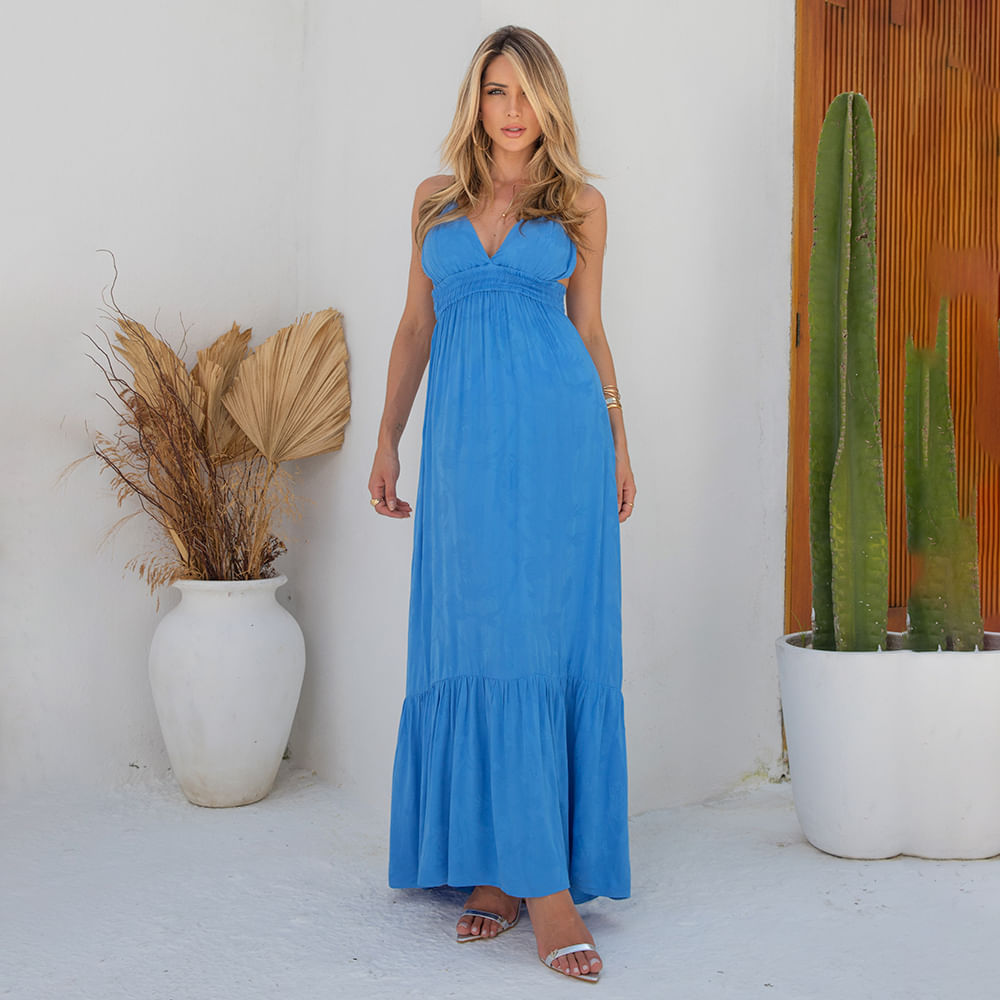 Vestido Longuete Alça Fina Azul