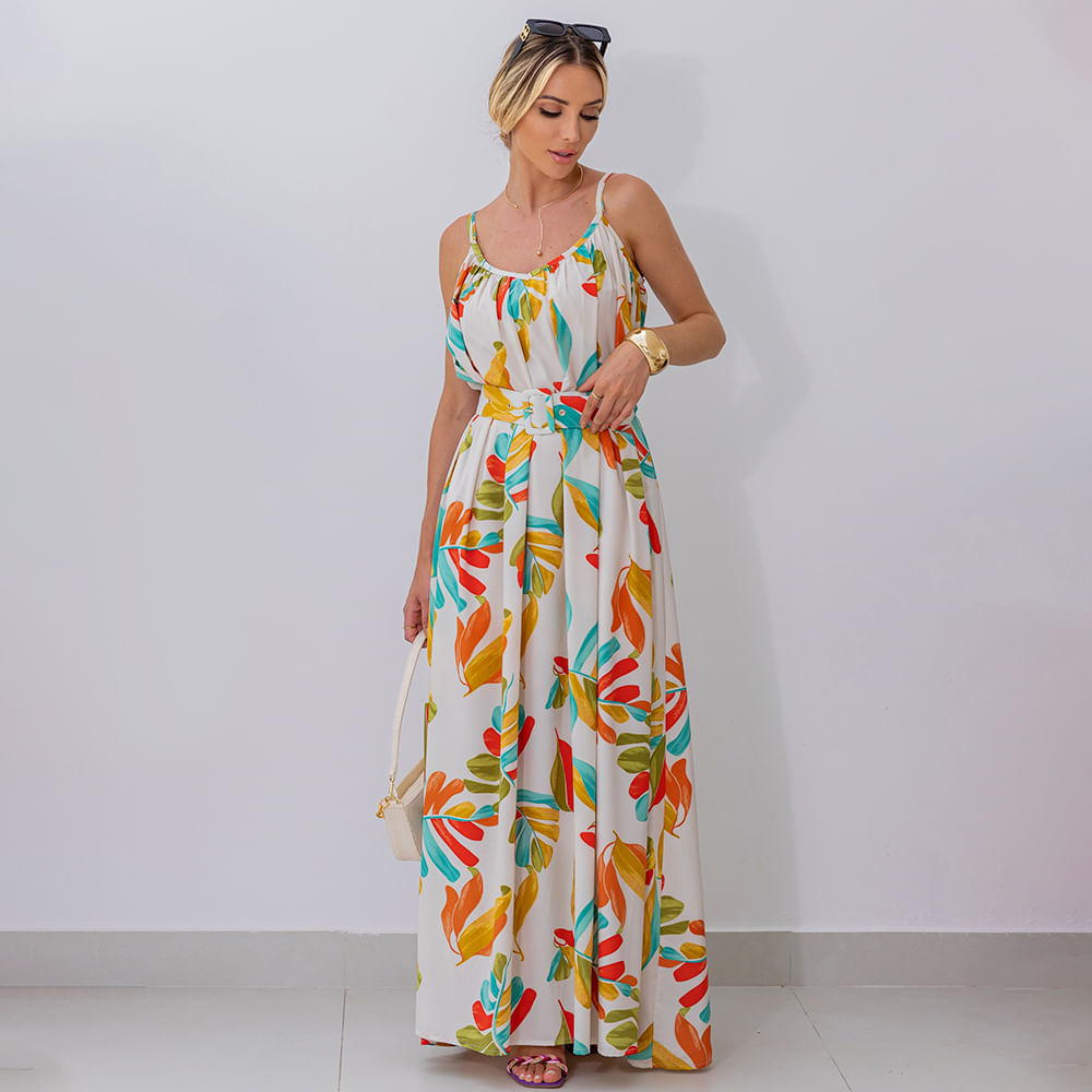 Vestido Longo Estampado Alça Fina Offwhite