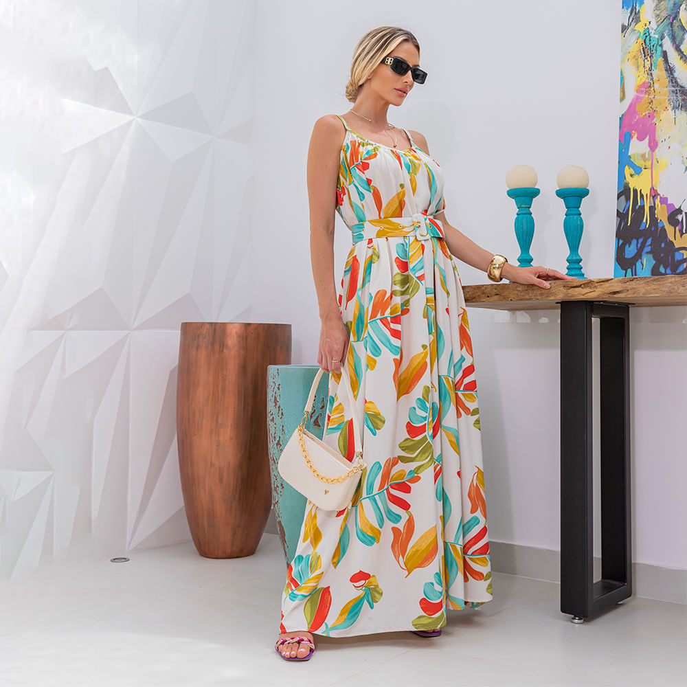 Vestido Longo Estampado Alça Fina Offwhite