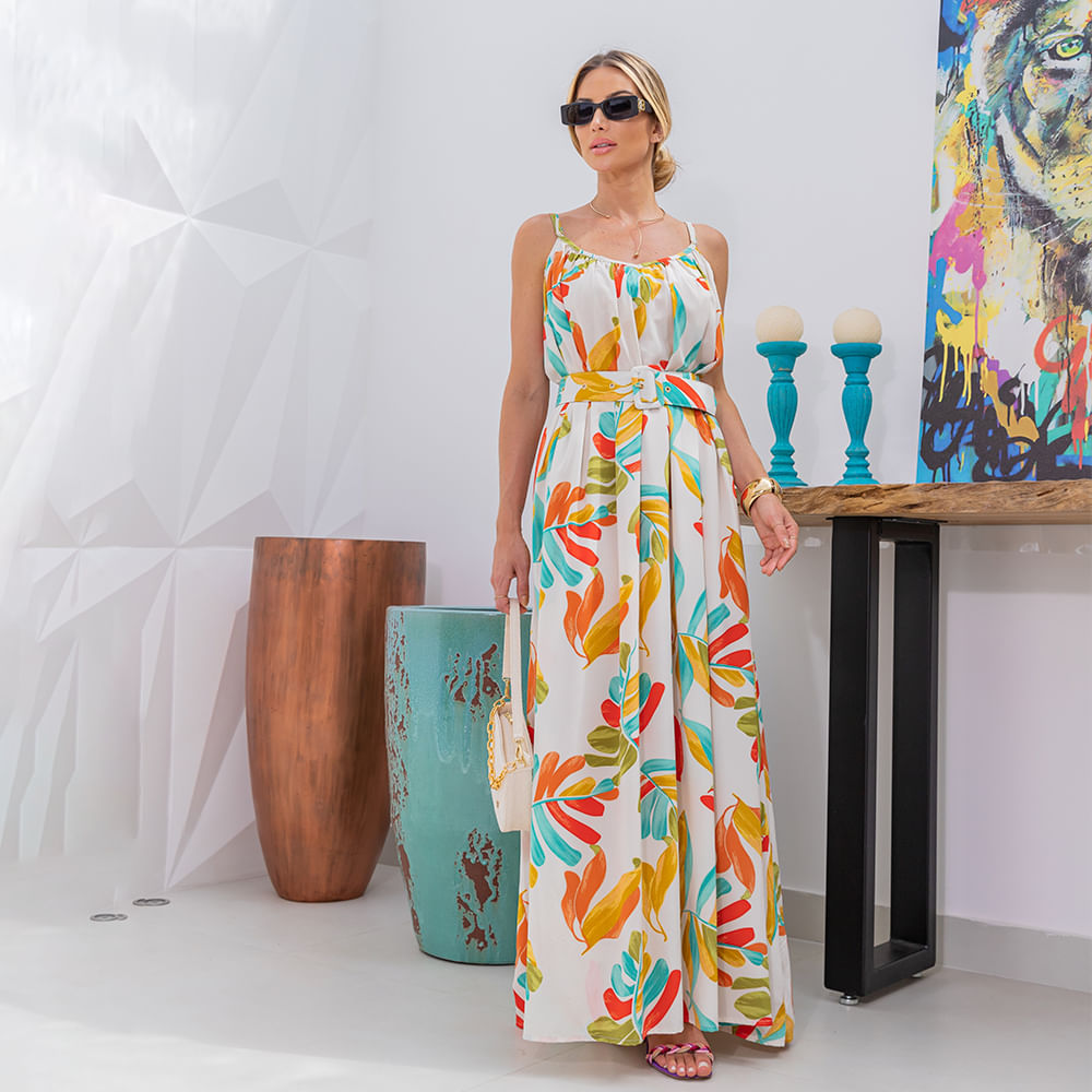 Vestido Longo Estampado Alça Fina Offwhite