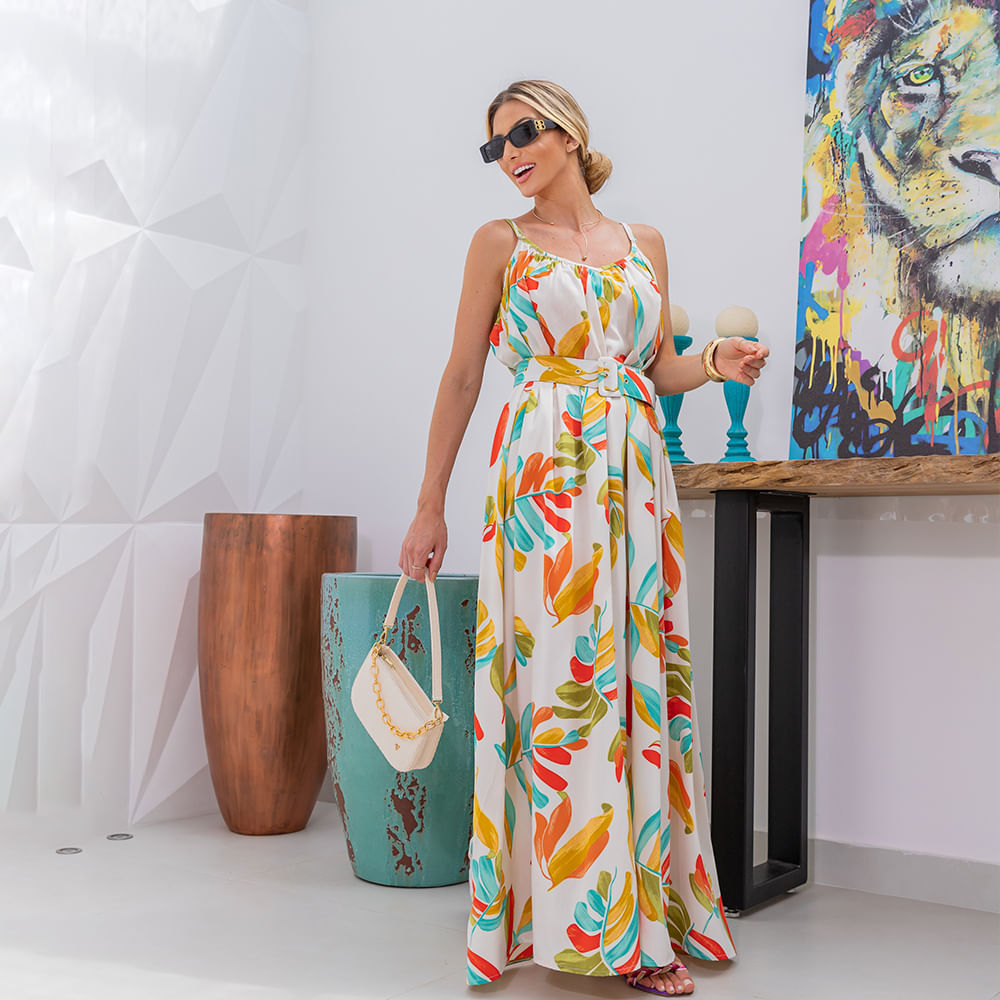Vestido Longo Estampado Alça Fina Offwhite