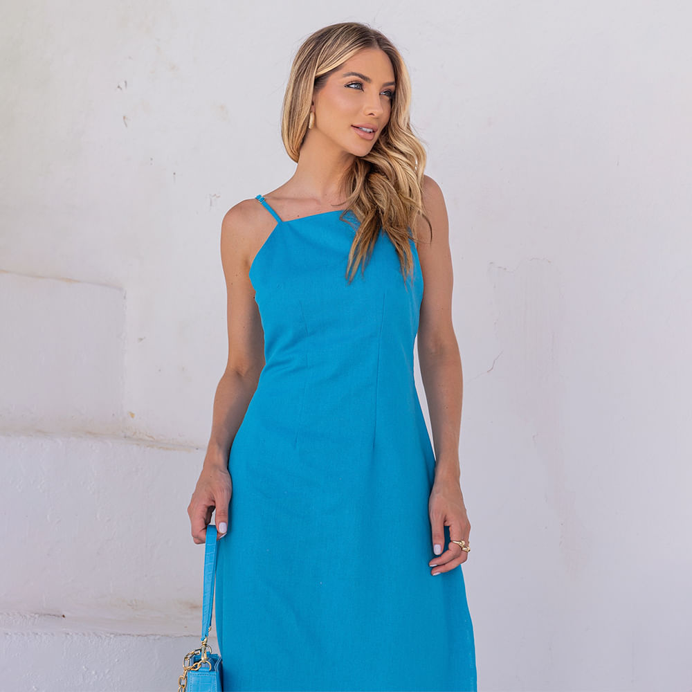 Vestido Longo Midi Com Fenda Azul