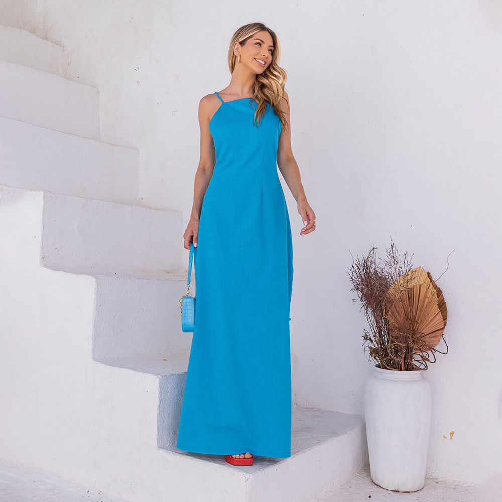 Vestido Longo Midi Com Fenda Azul