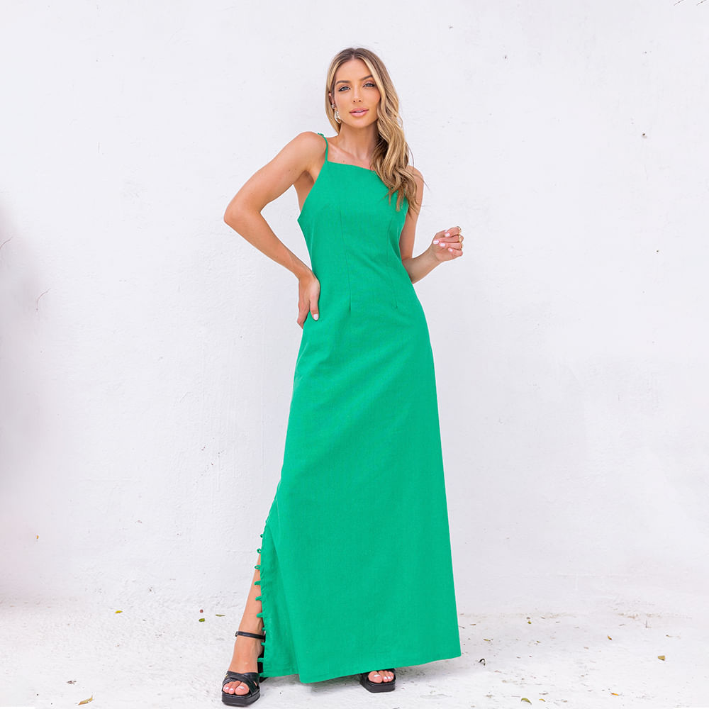 Vestido Longo Midi Com Fenda Verde