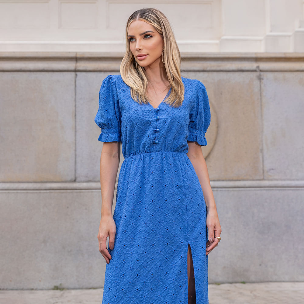 Vestido Manga Curta Rodado Azul