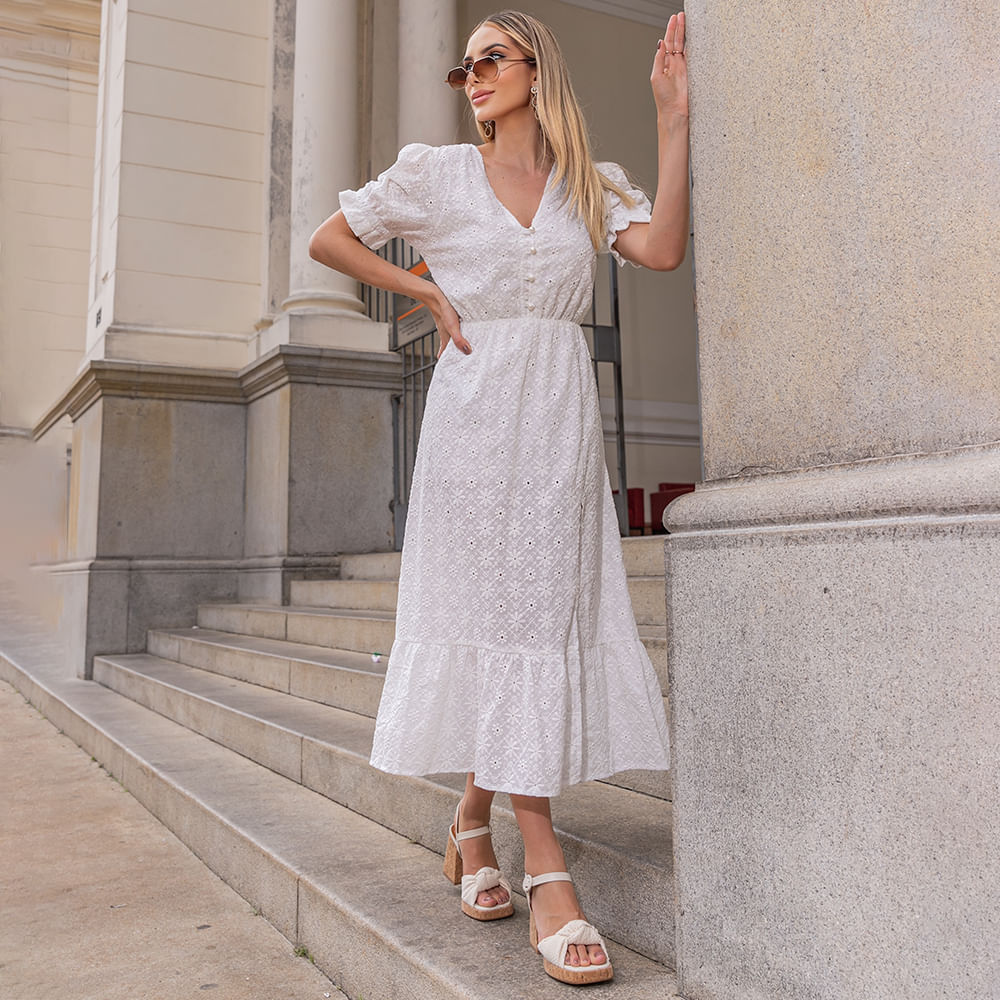 Vestido Manga Curta Rodado Offwhite