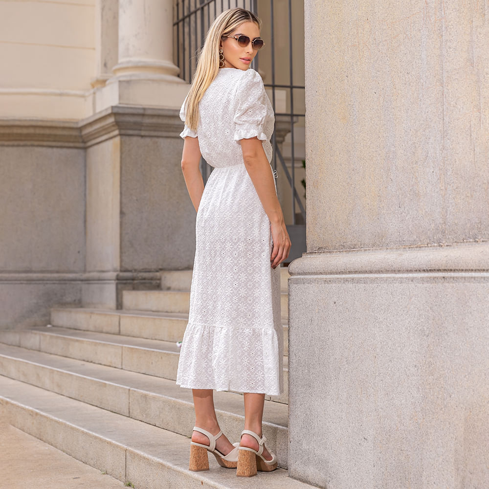 Vestido Manga Curta Rodado Offwhite