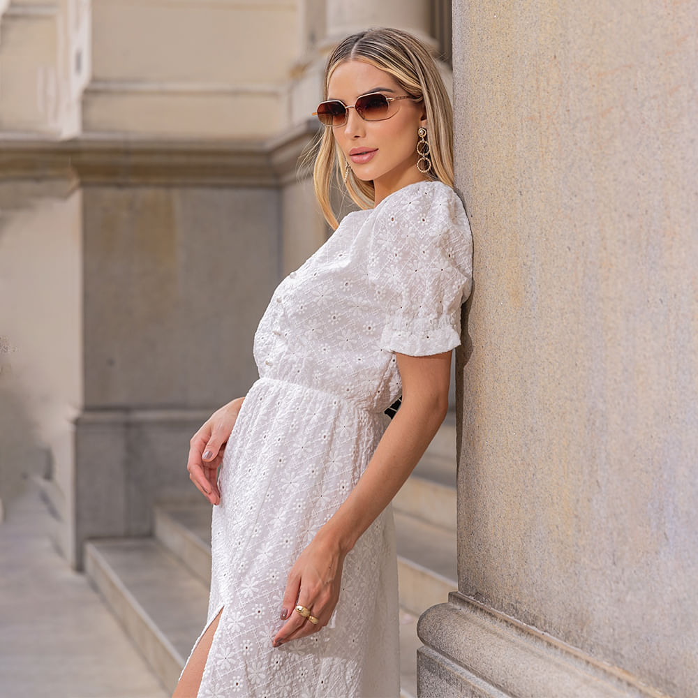 Vestido Manga Curta Rodado Offwhite