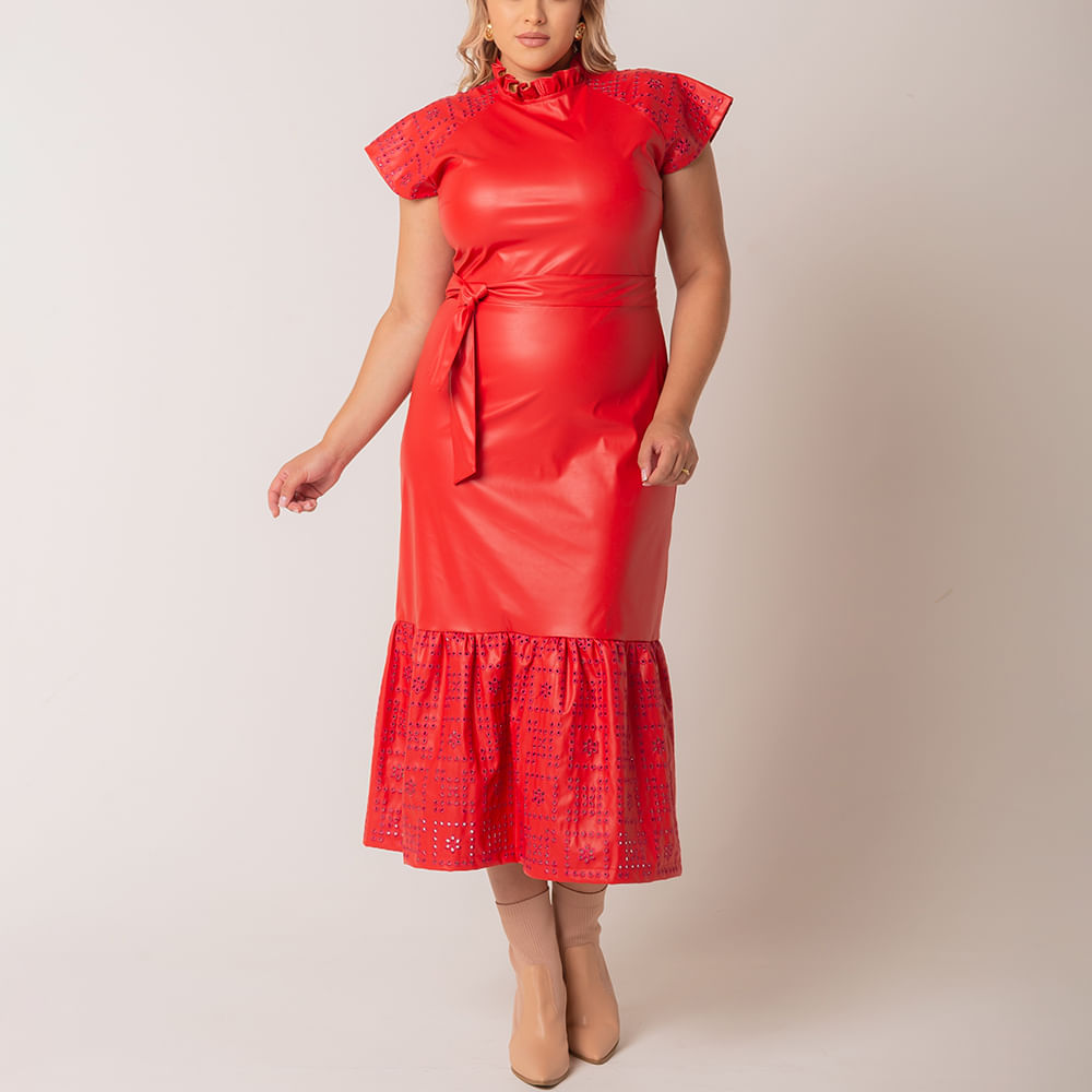 Vestido Midi Couro Poliuretano  Vermelho