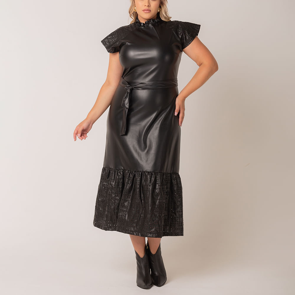 Vestido Midi Couro Poliuretano  Preto