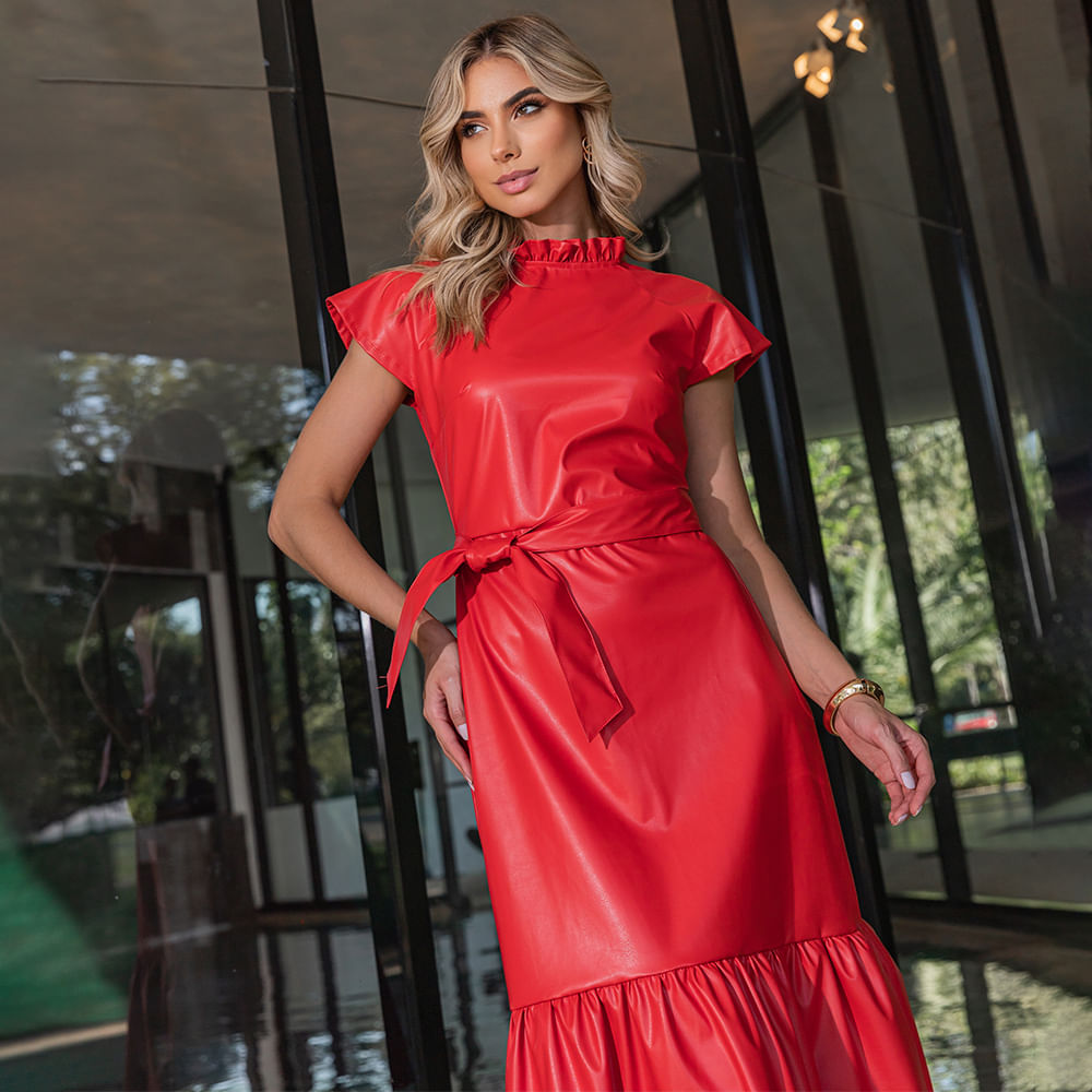 Vestido Midi Couro Poliuretano  Liso Vermelho