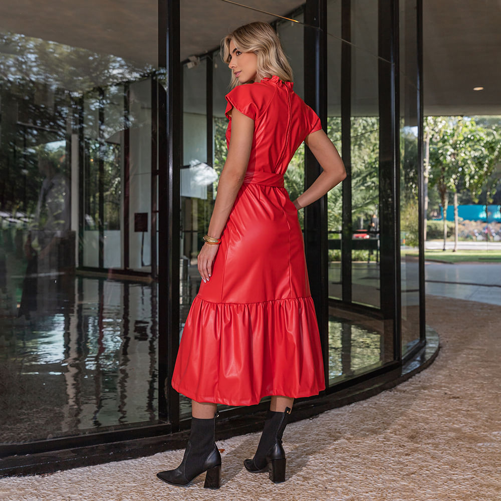 Vestido Midi Couro Poliuretano  Liso Vermelho