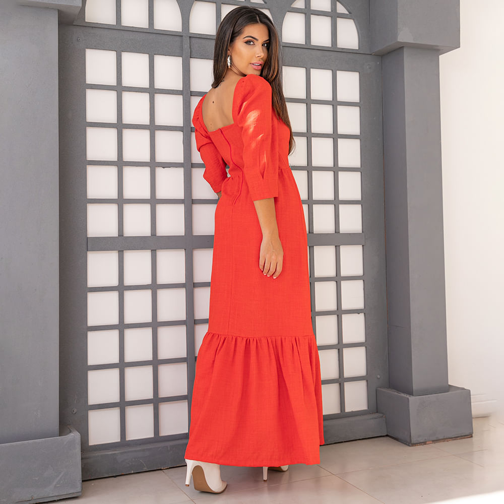 Vestido Longuete Decote Quadrado Manga Vermelho