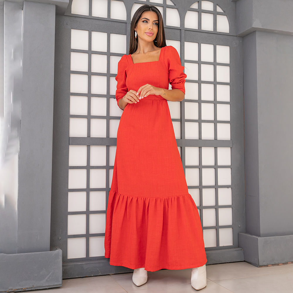 Vestido Longuete Decote Quadrado Manga Vermelho