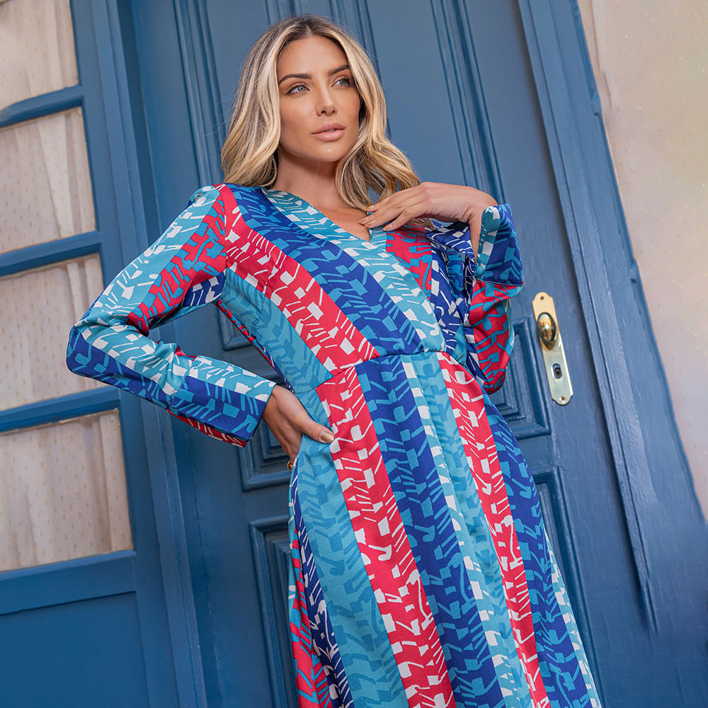 Vestido Longo Estampado Azul