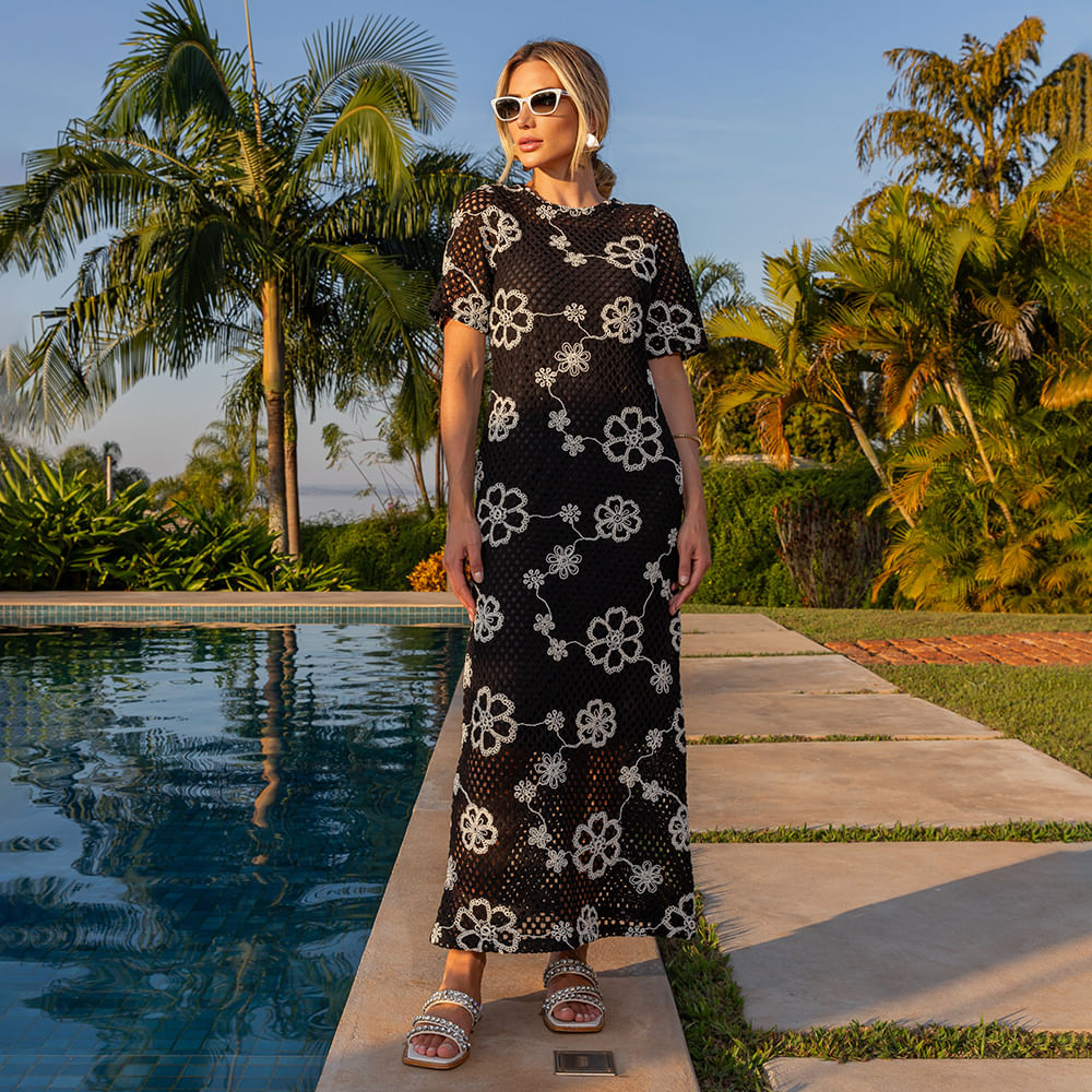 Vestido Longo Crochê Preto