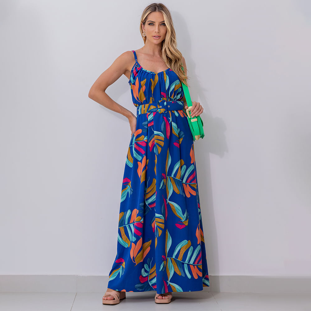 Vestido Longo Estampado Alça Fina Azul