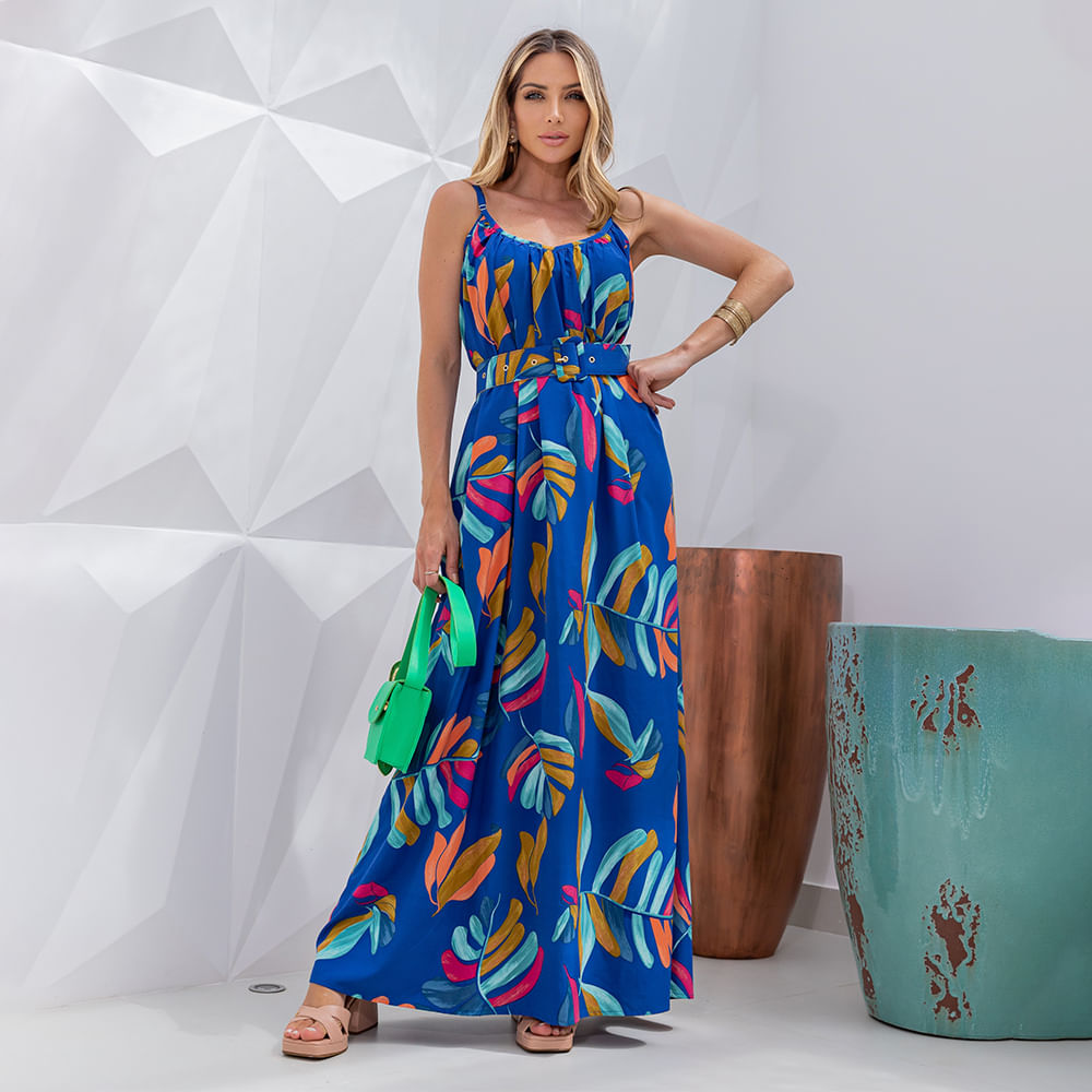 Vestido Longo Estampado Alça Fina Azul