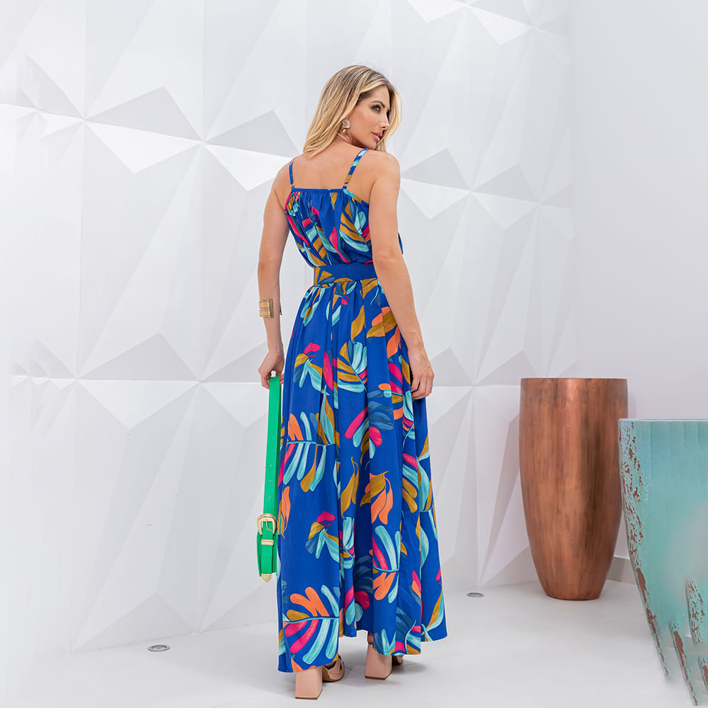 Vestido Longo Estampado Alça Fina Azul