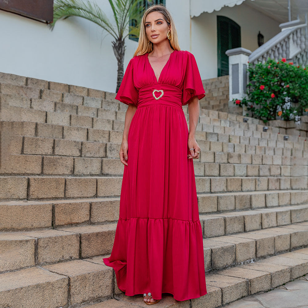 Vestido Longo Decote V com Fivela Vermelho