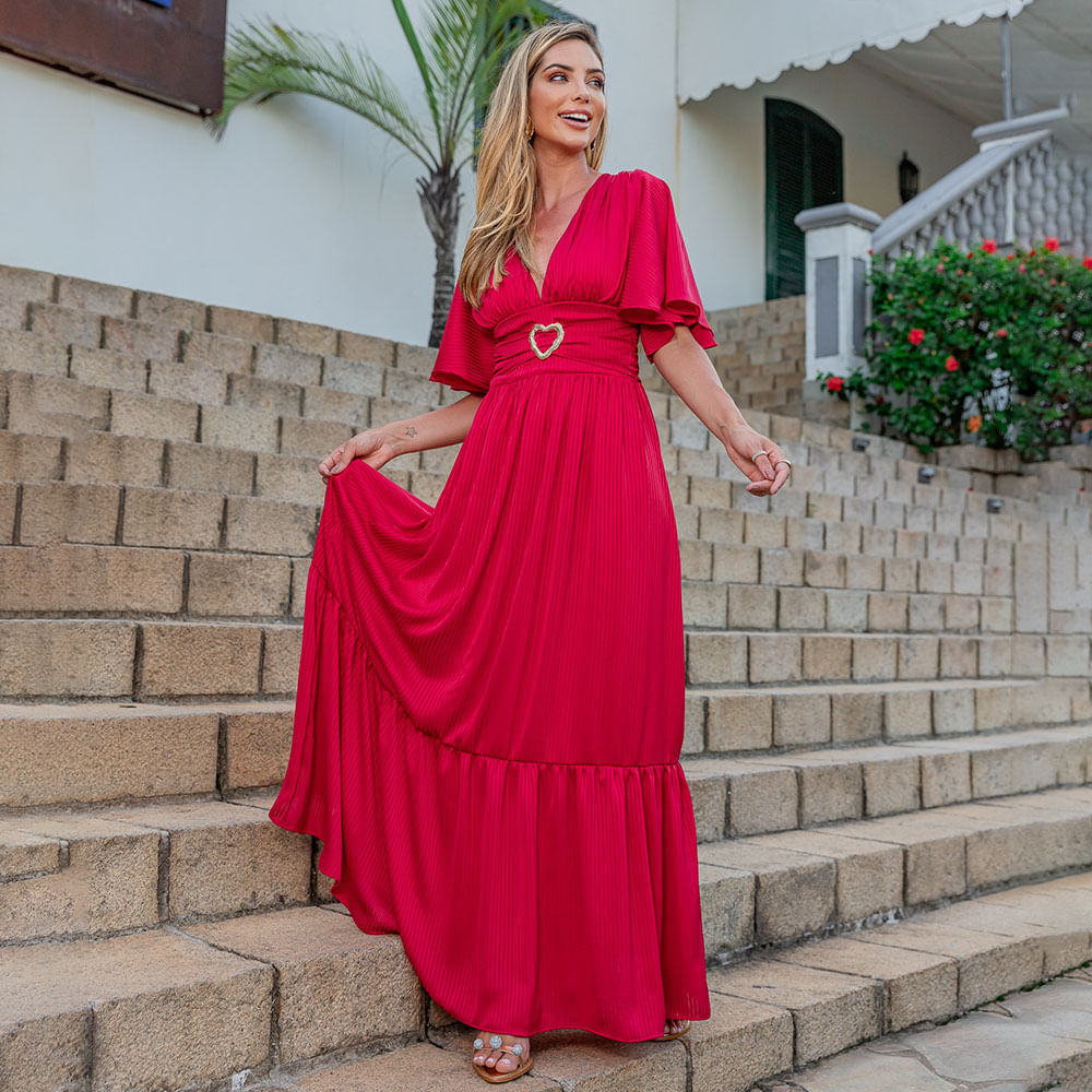 Vestido Longo Decote V com Fivela Vermelho