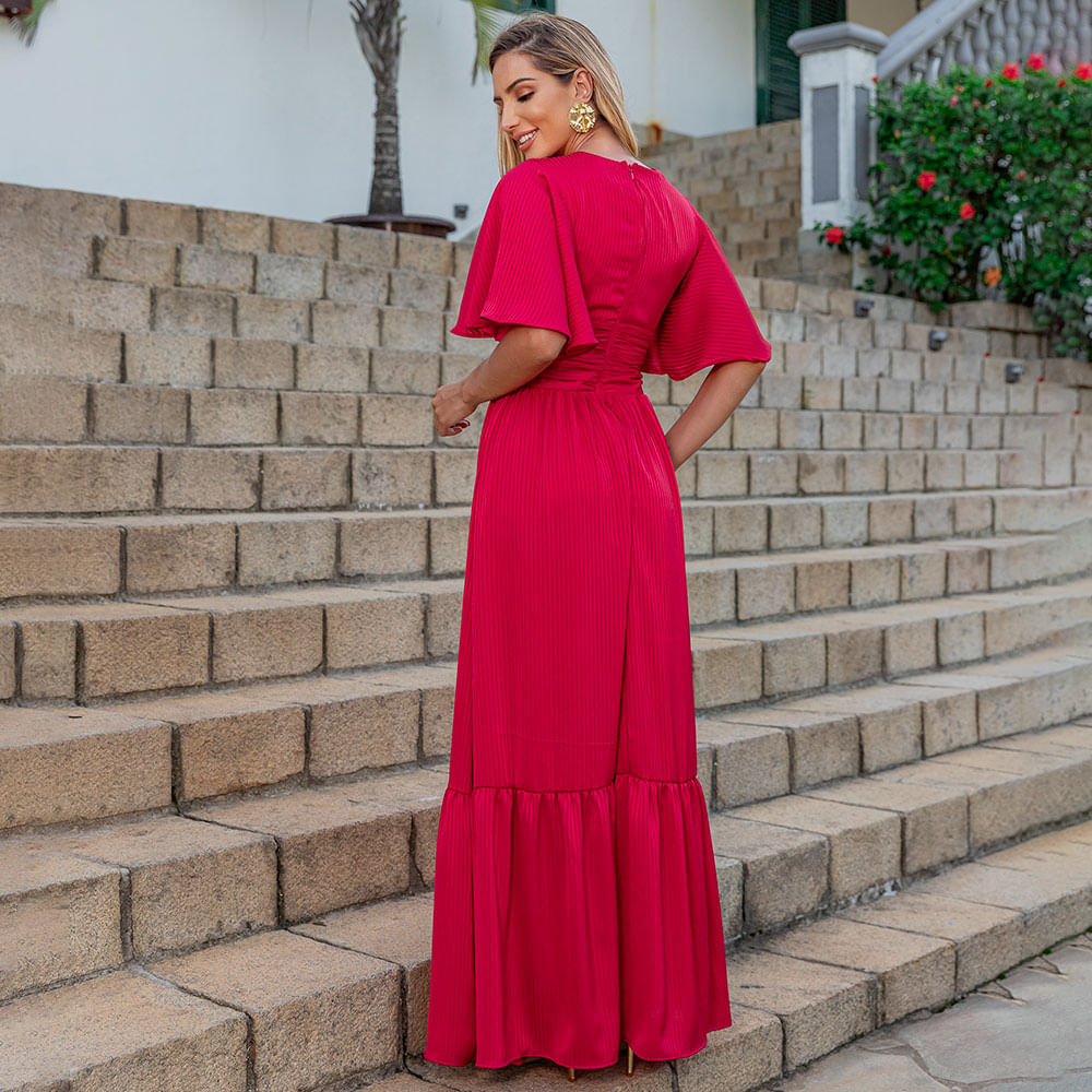 Vestido Longo Decote V com Fivela Vermelho