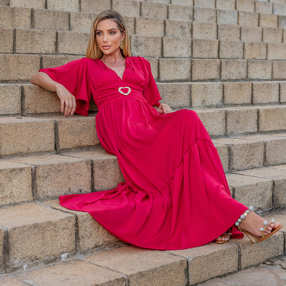 Vestido Longo Decote V com Fivela Vermelho