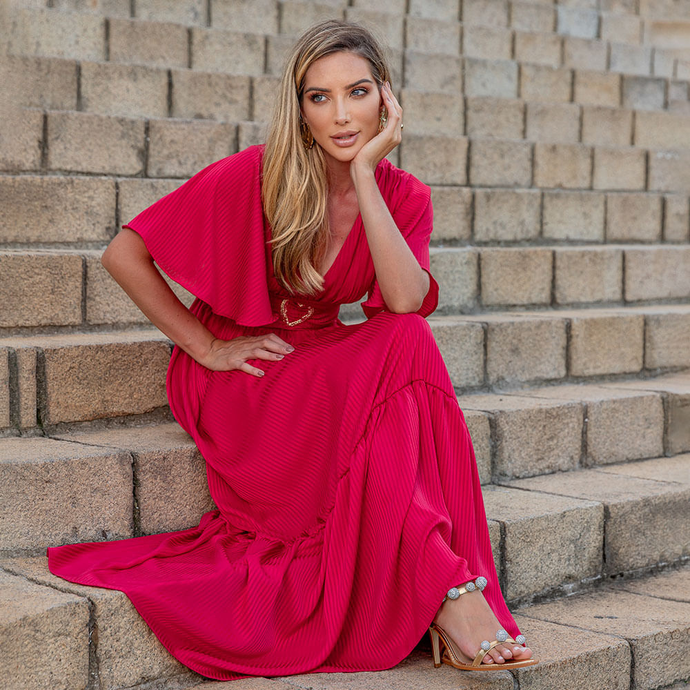 Vestido Longo Decote V com Fivela Vermelho