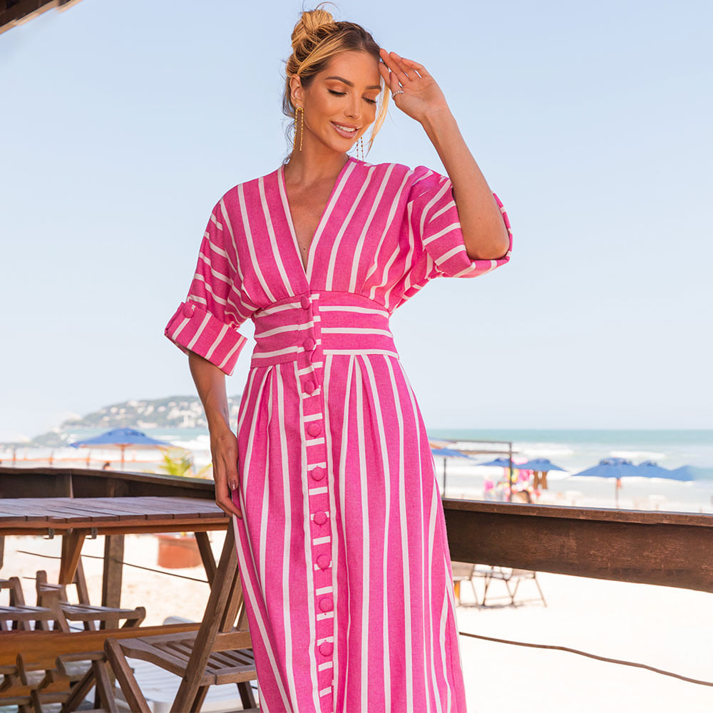 Vestido Midi Linho Listrado Com Botões Rosa