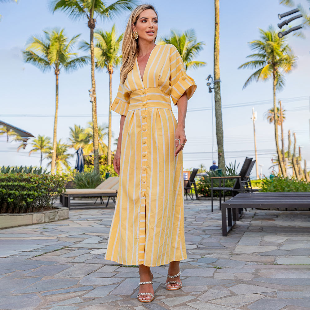 Vestido Midi Linho Listrado Com Botões Amarelo