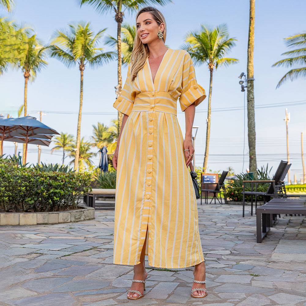 Vestido Midi Linho Listrado Com Botões Amarelo