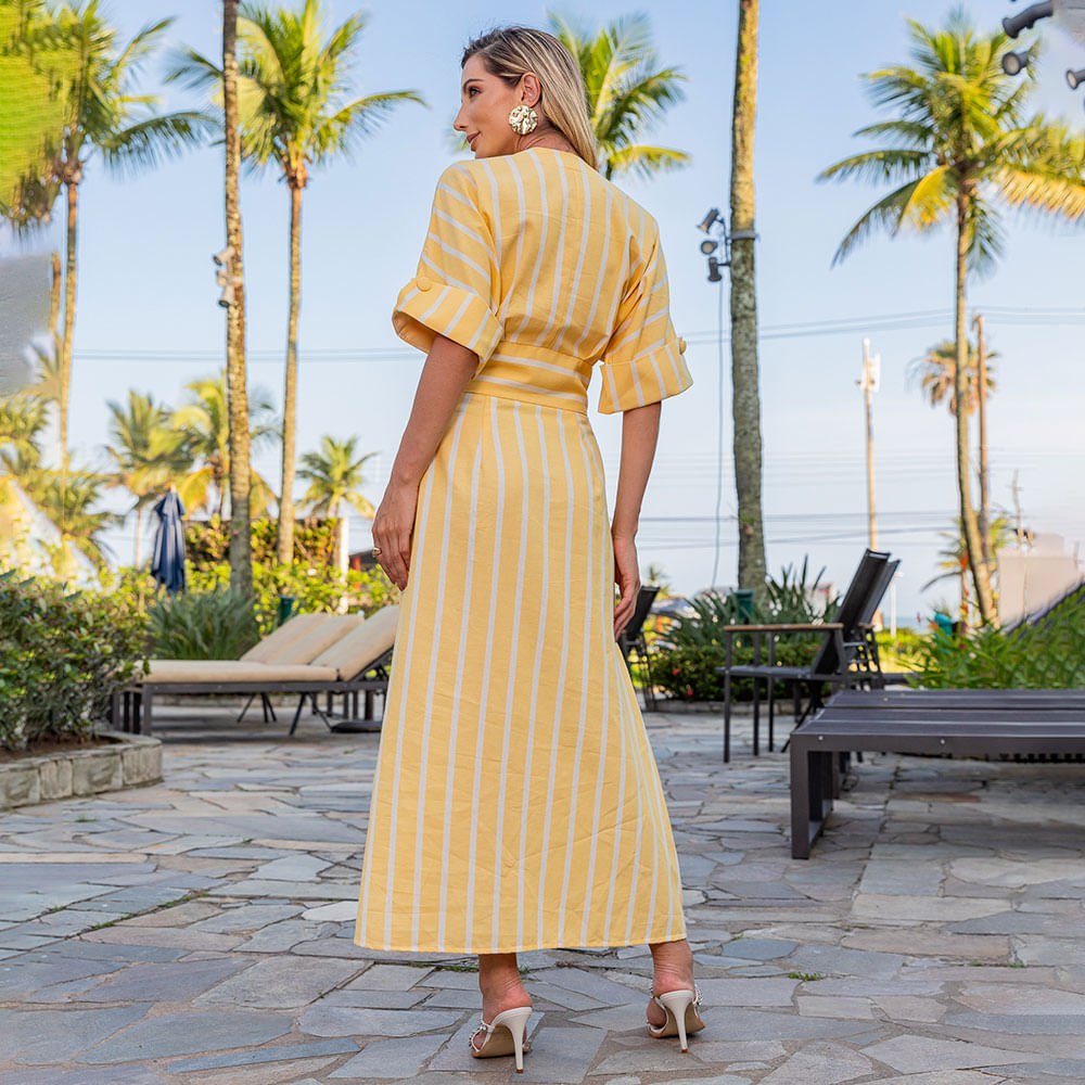 Vestido Midi Linho Listrado Com Botões Amarelo