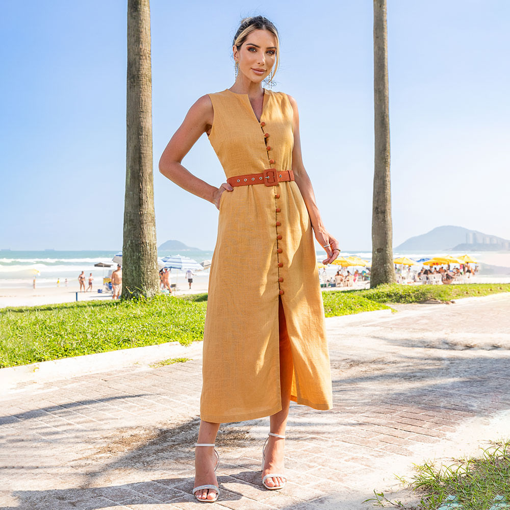 Vestido Chemise Linho Com Cinto e Botões Amarelo