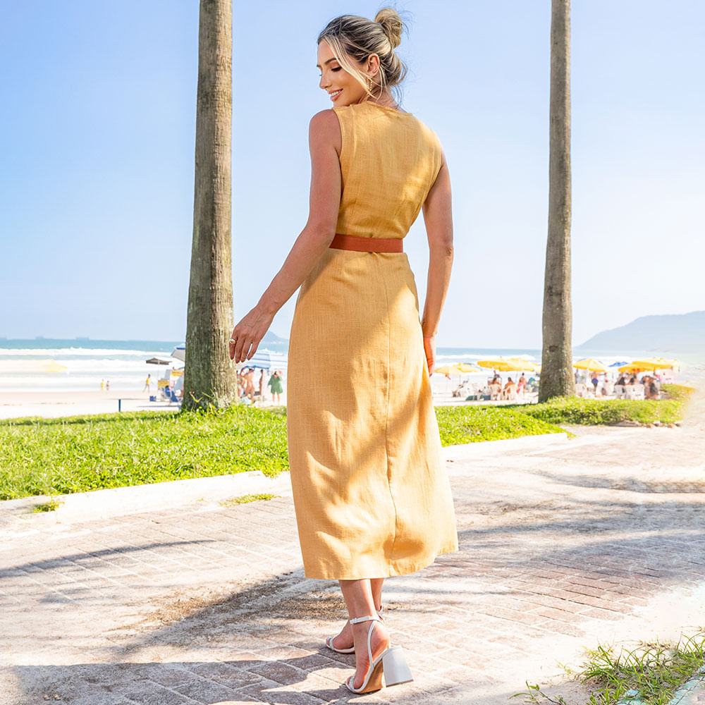 Vestido Chemise Linho Com Cinto e Botões Amarelo