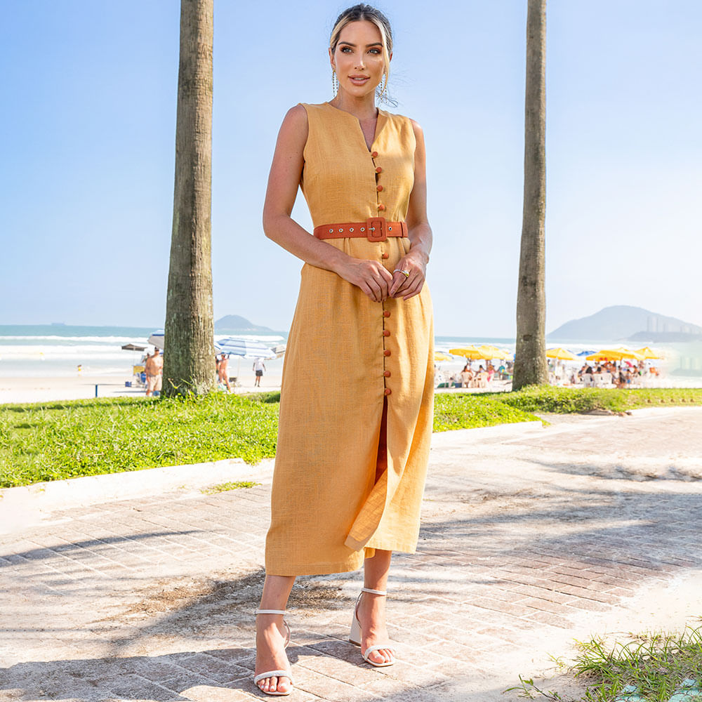 Vestido Chemise Linho Com Cinto e Botões Amarelo